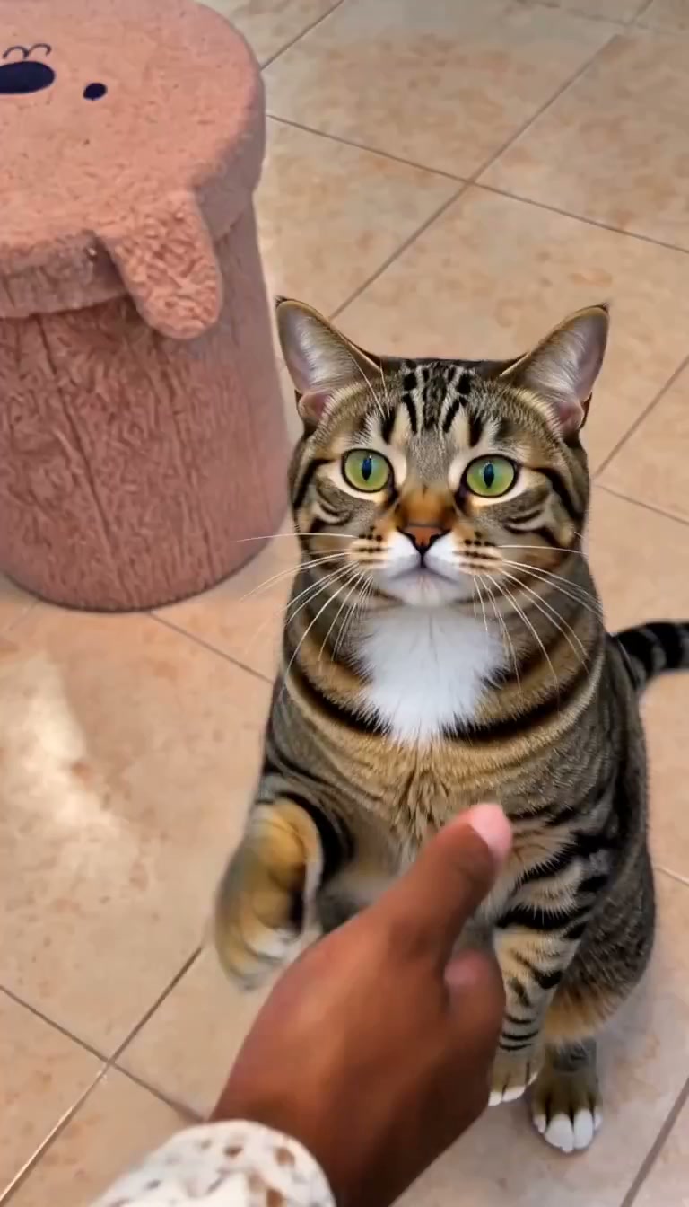 A tabby cat reaching toward an adult hand at the end of a generated CatClapping story